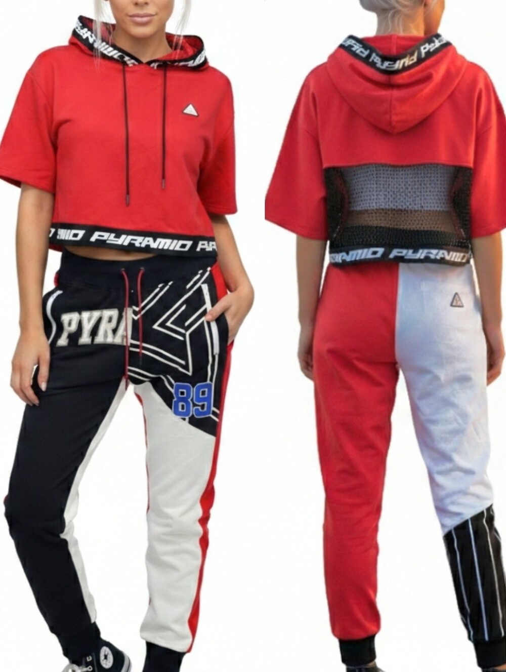 Chris Brown Red Blk Crop Mesh Top Graphic 89 Joggers Blk Pyramid 2pc Set XL NWT